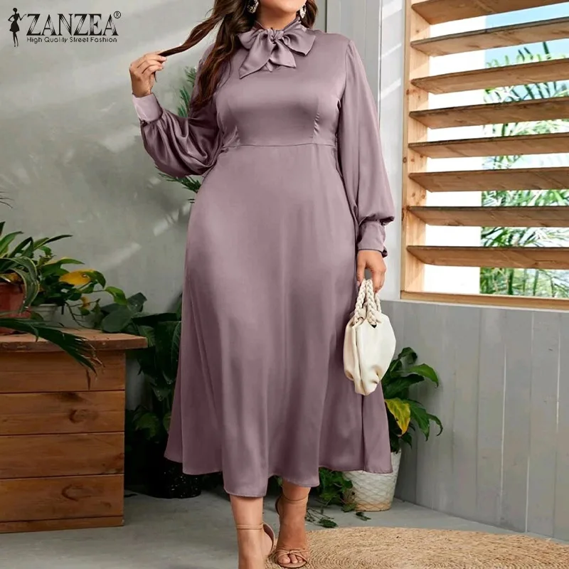 

Платье ZANZEA женское длинное атласное, элегантное вечернее платье-макси во французском стиле, праздничное свободное платье с бантом, весна-ос...