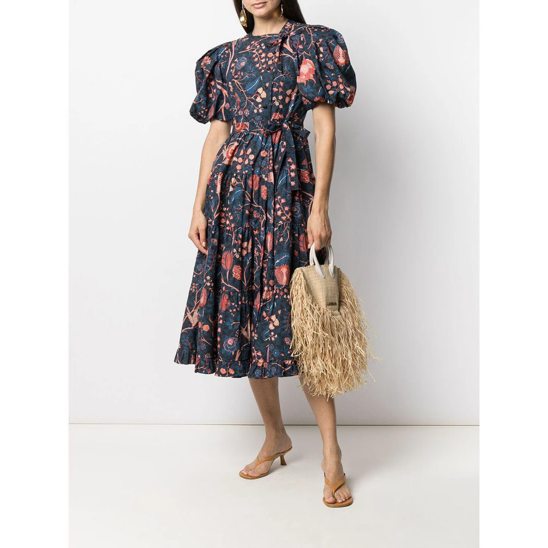 

Women Floral Printed Puff Short Sleeve High Waist Lace-up Buttons Midi Dress