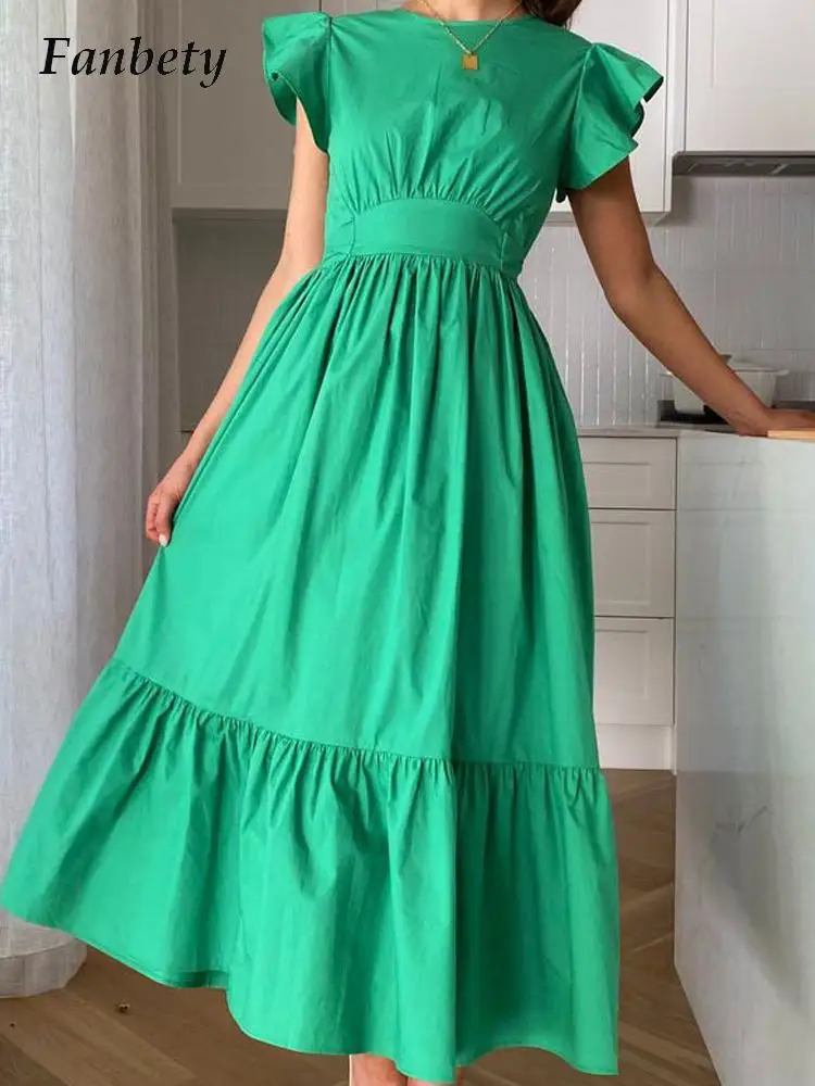 

Женское Повседневное платье на шнуровке, однотонное плиссированное платье с открытой спиной, широким подолом и оборками, Летнее Длинное Пл...