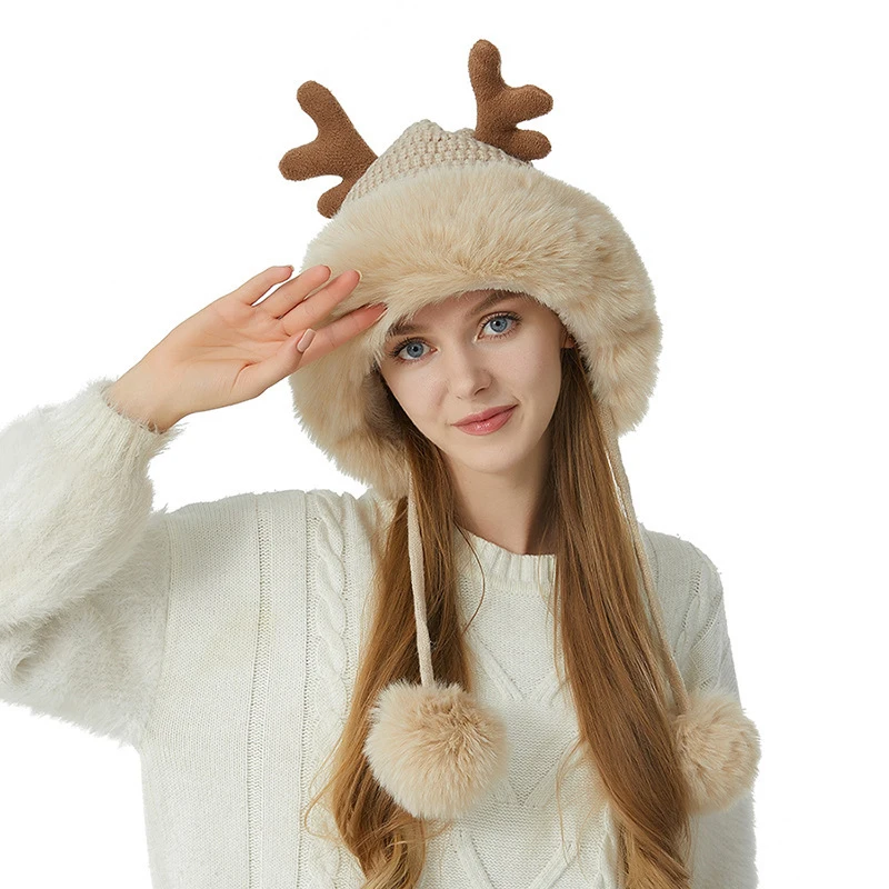 

Рождественская вязаная шапка с рогами, большой плюшевый край, Зимняя Толстая теплая шапка с защитой ушей, женские шапочки, облегающие шапки