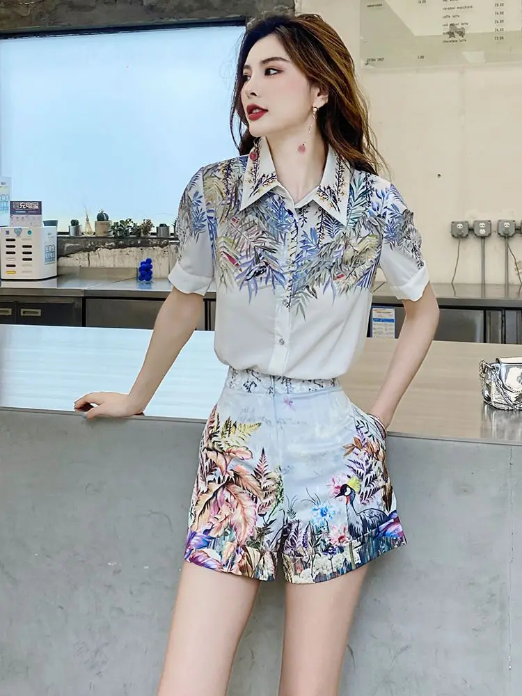Temperament Celebrity 2023 Trouser Set Women's Summer New Print Top High Waist Shorts Fashion Two Piece