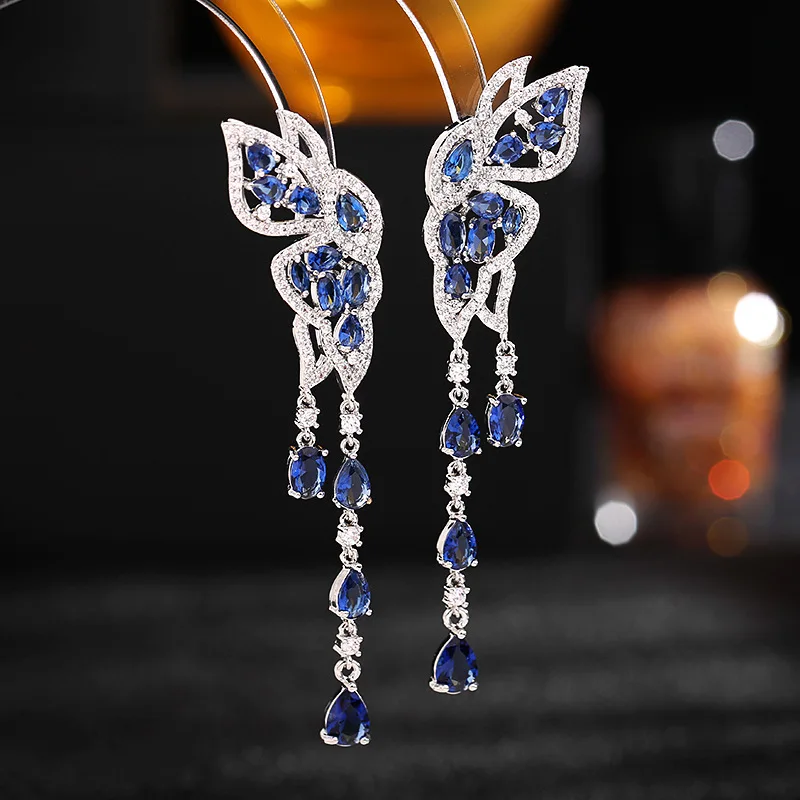 

Bohemian Style S925 Silver Needle Color Cz Earrings Fly Together Long Butterfly Water Drop Tassel Earrings Wedding Jewelry