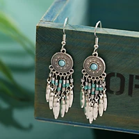 boho gypsy vintage ethnic long tassel drop earrings turquoises circle geometry ear ornaments for female wedding accessory