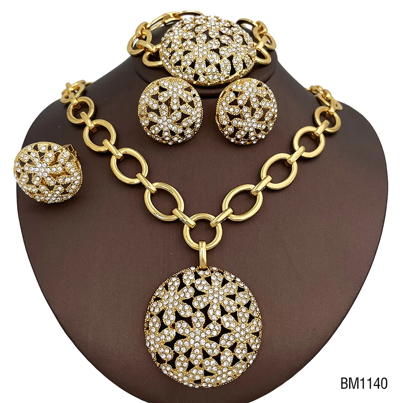 

Dubai Luxury Gold Plated Jewelry Set Round Design Rhinestone Earrings Necklace Bangle Ring Wedding Party Gifts Free Shipping