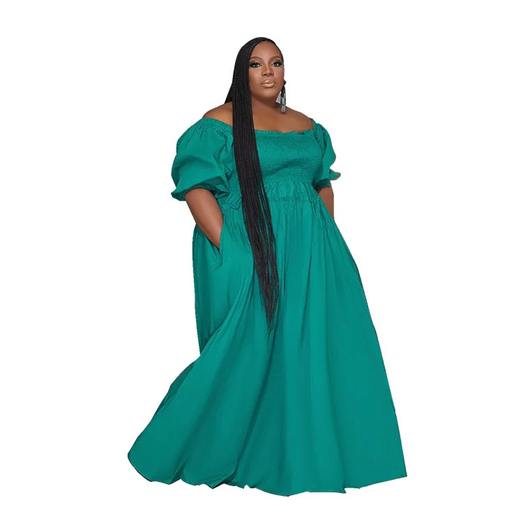 Casual Plus Size Women Dresses Summer Fashion Large Size Square Neck Solid Color Flared Dresses Elegant Lady Ruffle Long Dress