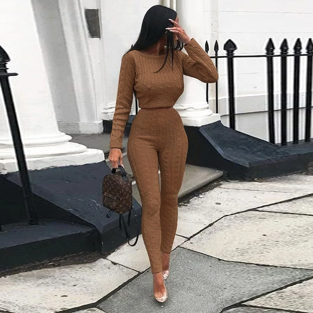 

2 Piece Set Women Tracksuits Long Sleeve Crop Top Long Pants Knitting High Waist Lounge Wear Two Piece Suit Outfits Ropa Mujer