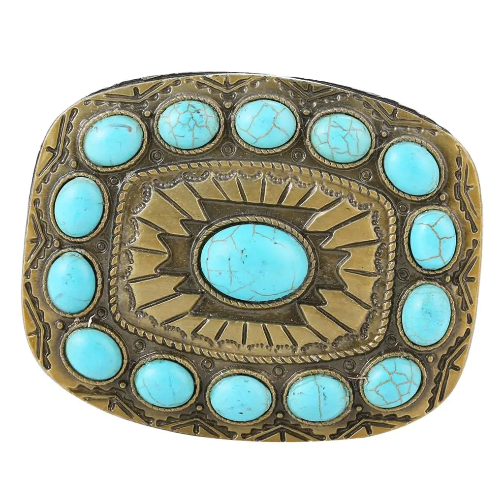 

Retro Western Rodeo Blue Turquoise Belt Buckle Boho Engraved Indian Buckles