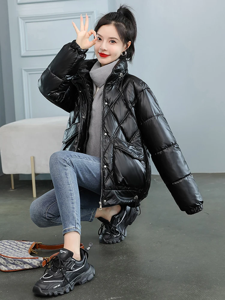 2022 New Hot Women WInter Jacket Bright Shiny Stand Collar Padded Warm Outerwear Coat Parka Solid Green White Black