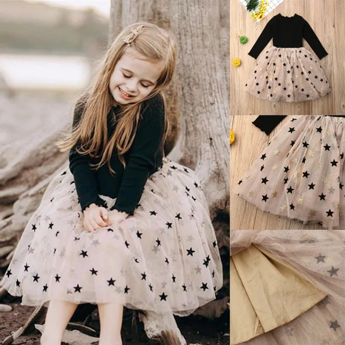 

Princess Autumn Infant Baby Girls Dress 2-7Y Star Print Lace Patchwork Knee Length Tutu Dress Party