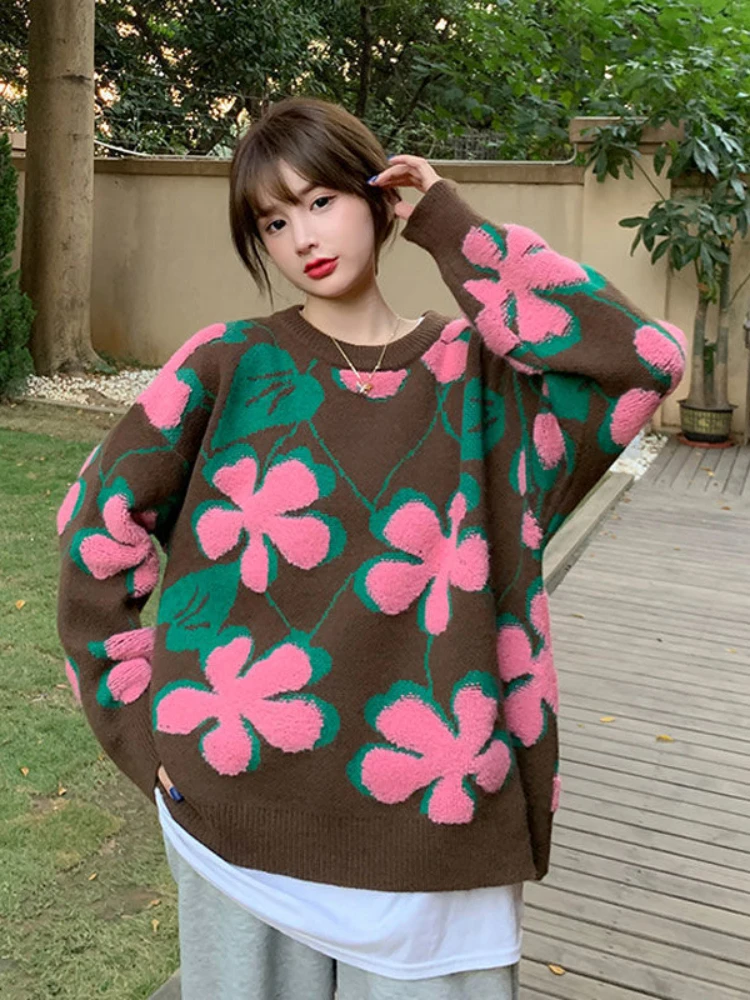 

Японский винтажный свитер, женские жаккардовые пуловеры контрастных цветов, Осень-зима, Повседневная Свободная одежда в ленивом стиле