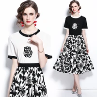 new summer womens round neck short sleeve floret stitching color knitted top fashion printed elastic waist skirt two piece set
