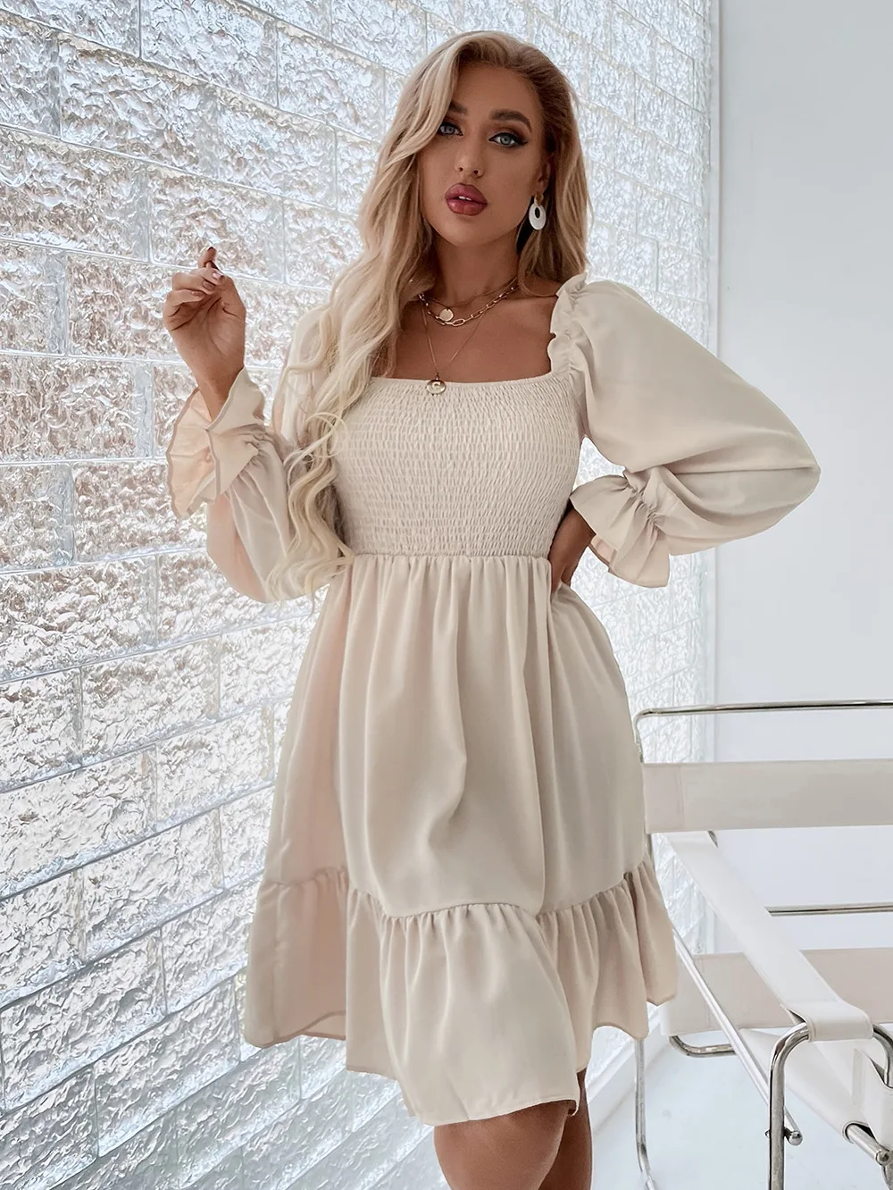 

Women Elasticity Dress Ruffle High Waist Tight A-line Dress 2022 Pullover Square Collar Long Sleeve Ruffled Dresses