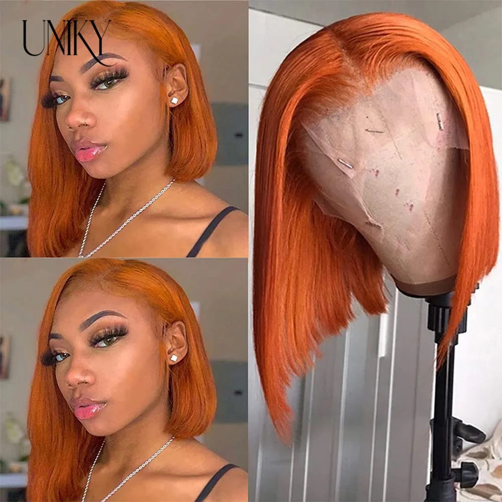 Orange Ginger Straight Bob Wig 13x4 Transparent Lace Ginger Lace Front Human Hair Wigs For Women 4/27 Ombre Highlight Lace Wig