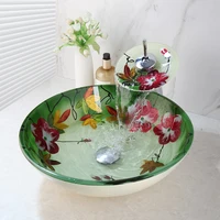 fba hand painted tempered glass round sink with waterfall faucet set bathtub basin mixer water tap combo kit sink faucet