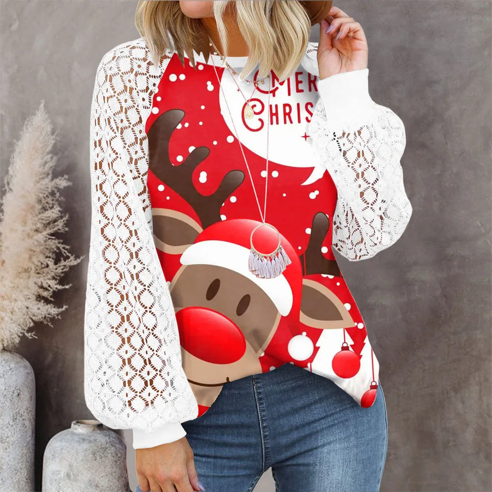 

2022 Autumn Elegant Women Christmas Party Reindeer Printed Fashion Lantern Lace Long-sleeved T Shirts Casual Loose Tees Shirt