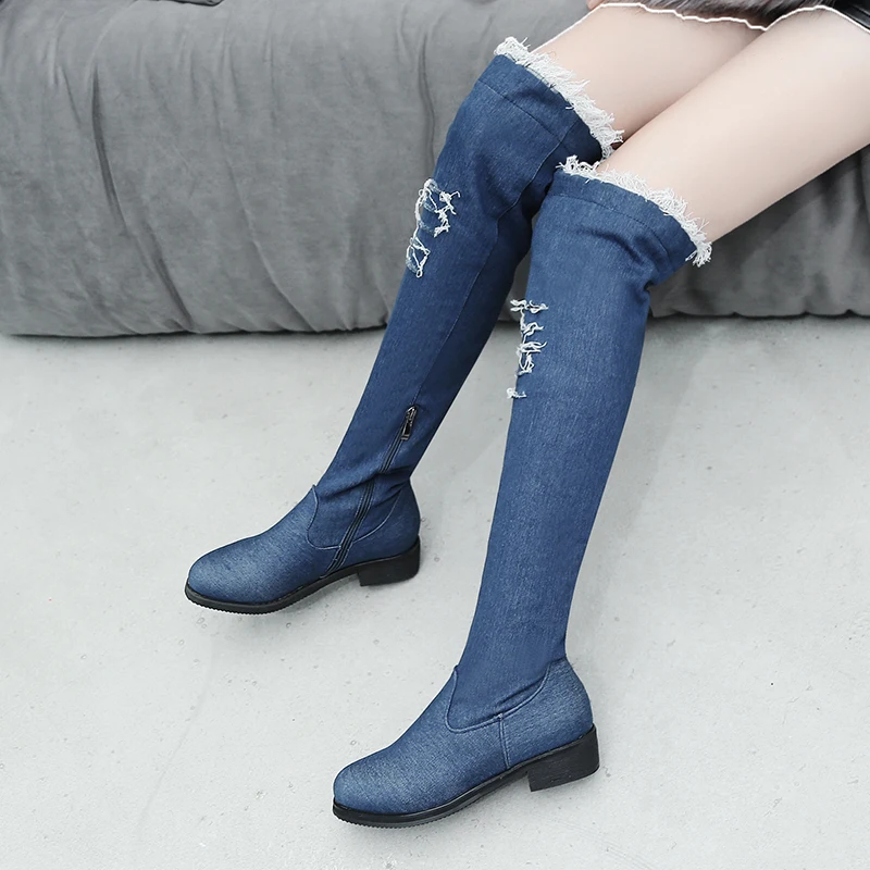 Women Boots Luxury 2022 Winter Fashion Zipper Low Heel Women Shoes New Casual Plus Size 40-46 Cowboy Knee High Ladies Boots