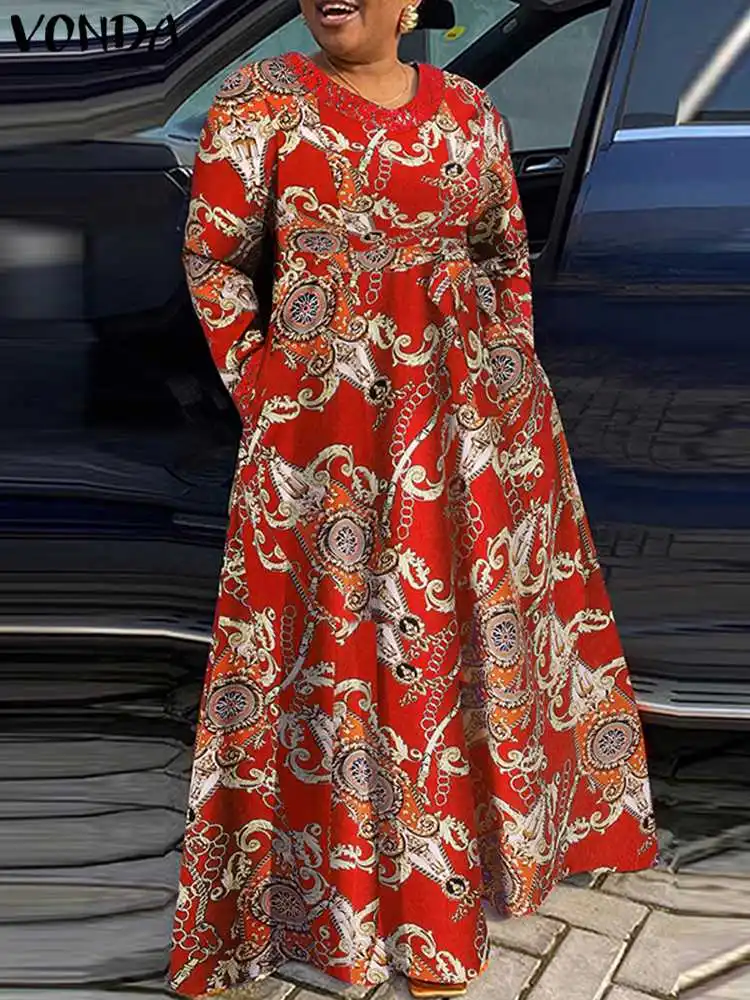 Купи VONDA Women Autumn Vintage Maxi Dress 2022 Bohemian Floral Printed Party Vestidos Sexy V Neck Long Sleeve Lace Pocket Loose Robe за 986 рублей в магазине AliExpress