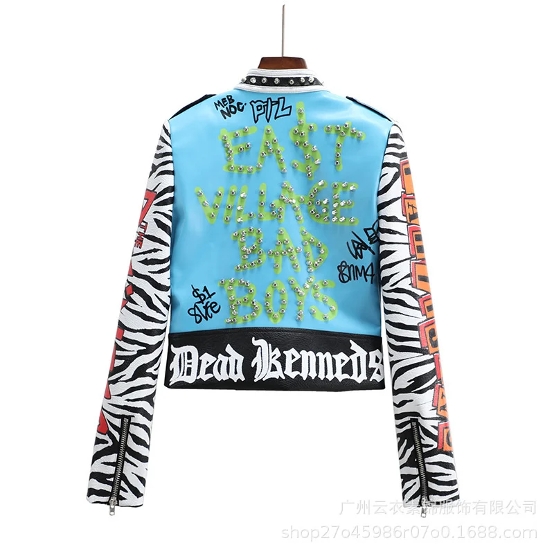 European And American Women'S Leather Clothes New Motorcycle Short Coat Fashion Personality Slim Show Thin Jacket Print Graffit