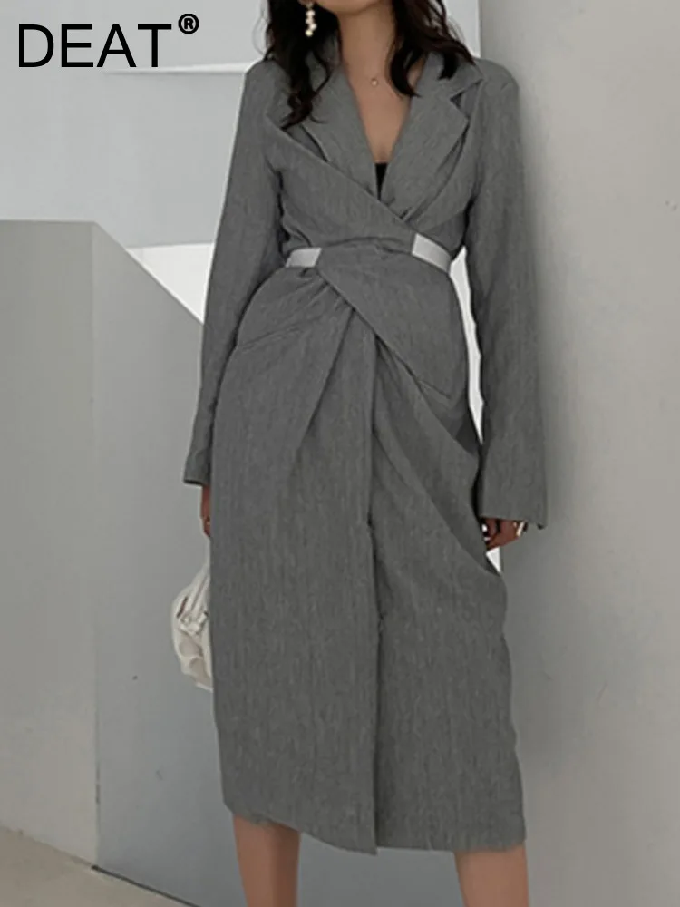 

DEAT Fashion Women Dress Notched Collar Bandage Waist Loose Long Sleeve Gray Evening Dresses Female Spring 2023 Trend New 1W485
