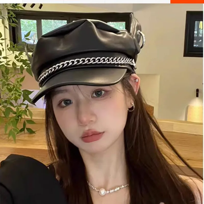 

Новая восьмиугольная женская шапка с заячьими ушками темно-синего цвета на осень/зиму корейский уличный стиль искусственная кожа плоская верхняя утка язык