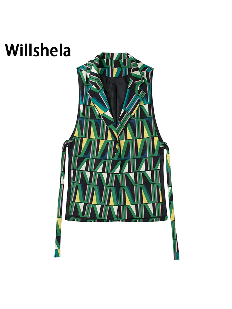 

Willshela Women Fashion Texture Printed Single Button Tank Tops Vintage Notched Neck Sleeveless Female Chic Lady Vest Outfits