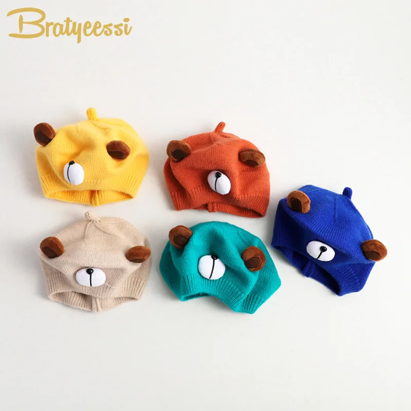

Cartoon Baby Beret Hat Knitted Autumn Winter Hats for Kids Girls Boys Accessories Cute Bear Children Cap for 6M-3Y