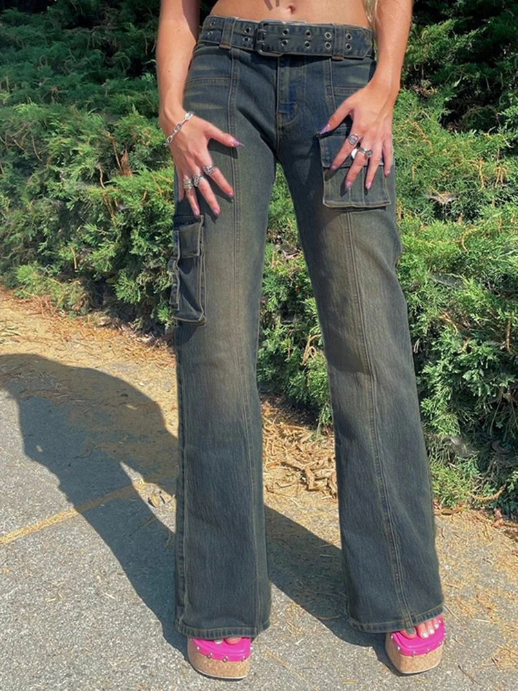 

WeiYao Y2K Low Rise Jean Pants With Belt Vintage Aesthetic Streetwear Straight Denim Trousers Fashion Women Pockets Cargo Jeans
