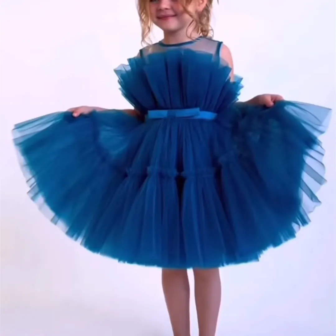 

Милое Тюлевое короткое платье с круглым вырезом, синие платья для девочек с цветочным принтом и поясом, трапециевидной формы, длиной до колен, на молнии сзади, цветочные платья для вечеринок для девочек