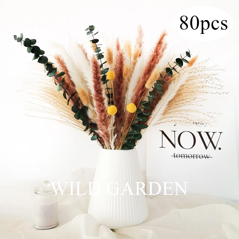 

80 шт. сочетание сухих пампасных цветов Маленький язычок Будда пыль золотой шар 45 см букет украшения пампасы трава Большой бежевый
