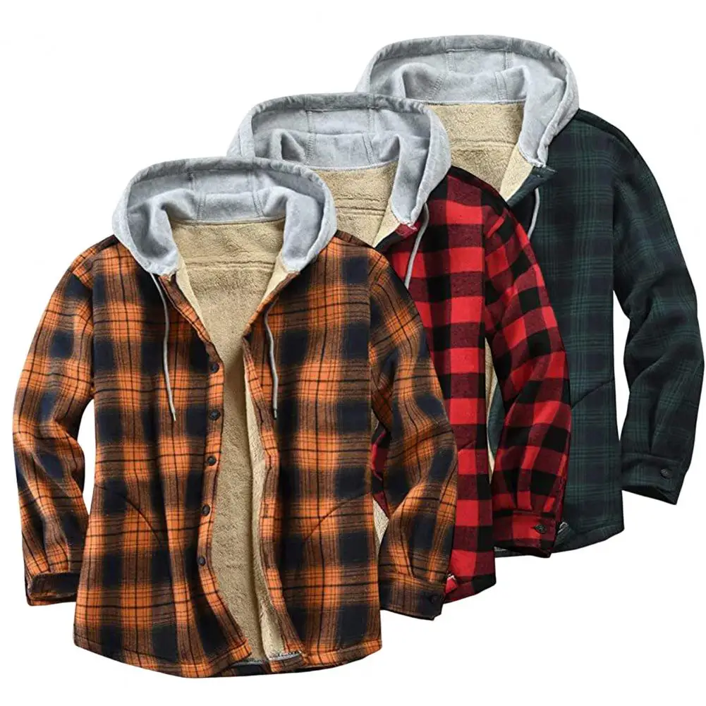 

Trendy Hoodie Jacket Male Men Coat Plaid Plush Lining Hooded Jacket Coldproof