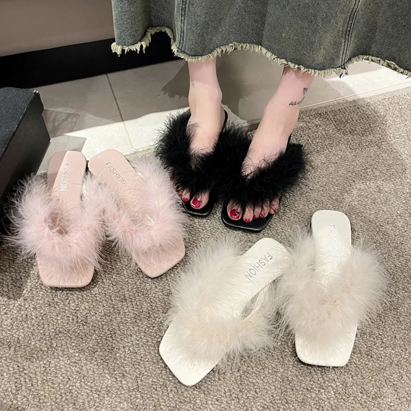 

Fluffy Feather Flip Flops Woman Summer Fashion Fuzzy Thong Slippers Ladies Casual Outdoor Flat Slide Sandals Plus Size