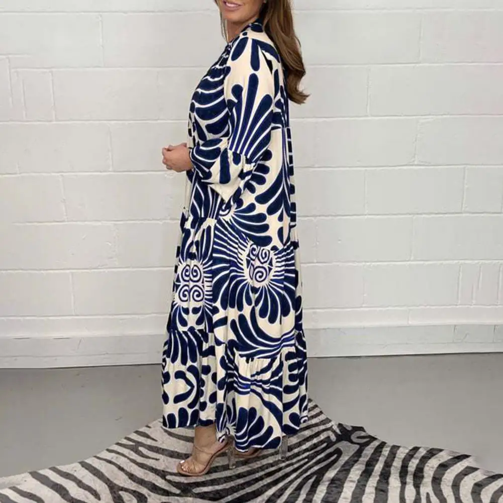 

Flowy Material Dress Vintage Print Maxi Dress Contrast Color Ninth Sleeves High Waist Ankle Length Button Decor for Women