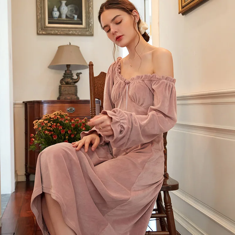 2022 Winter Nightgown Women Elegant Sleepwear V Neck Keep Warm Nightie Dress Nightwear Sexy Lace Dresses Dressing Gown