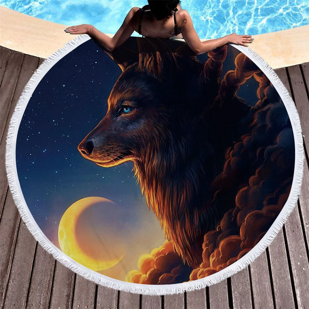 

Summer Microfiber Beach Towel Digital Printing Wolf Round Shawl with Tassels Outdoors Seaside Swimming Gym Bath Towels Yoga Mat