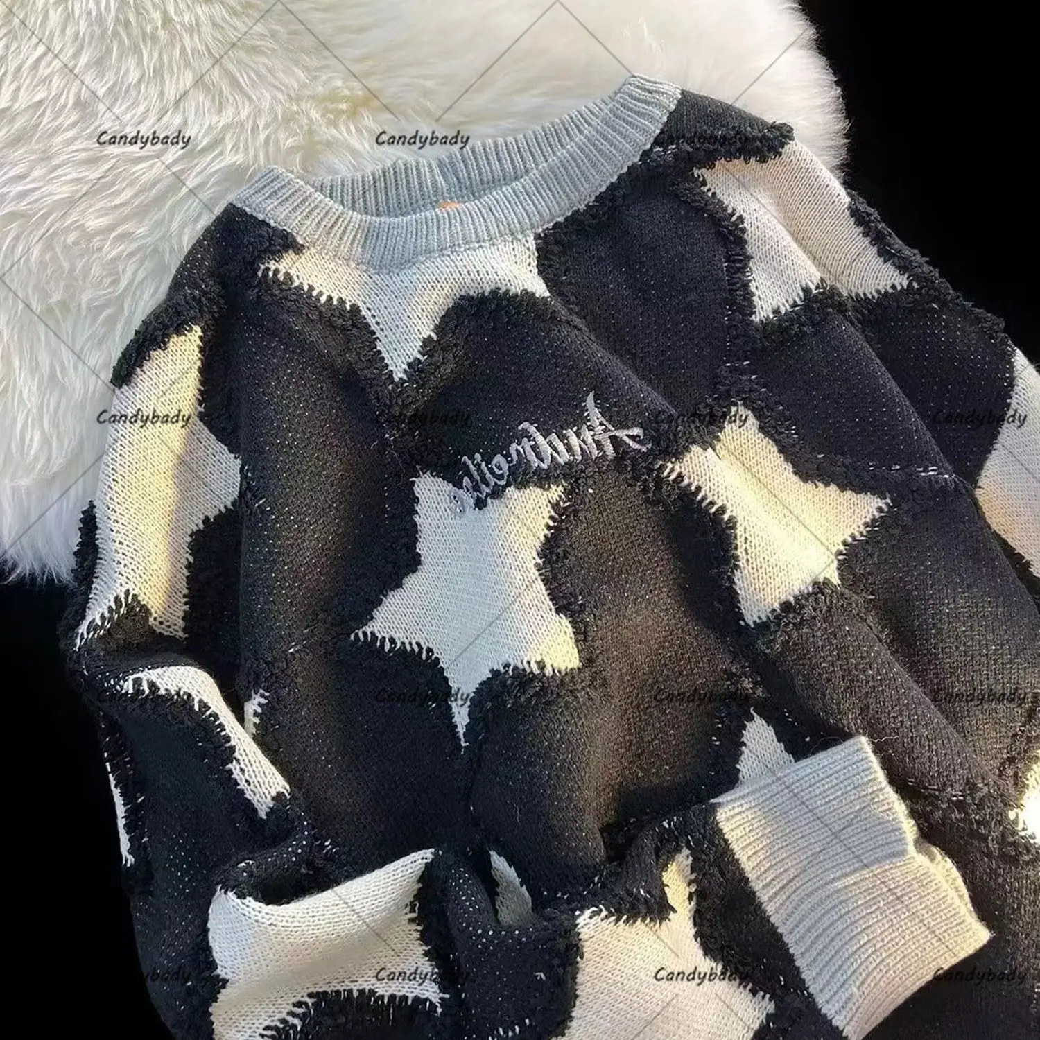 

Уличная одежда в американском стиле Харадзюку со звездами, мужской свитер с круглым вырезом, Женский уличный Повседневный Свободный пуловер в стиле ретро для пар Y2K