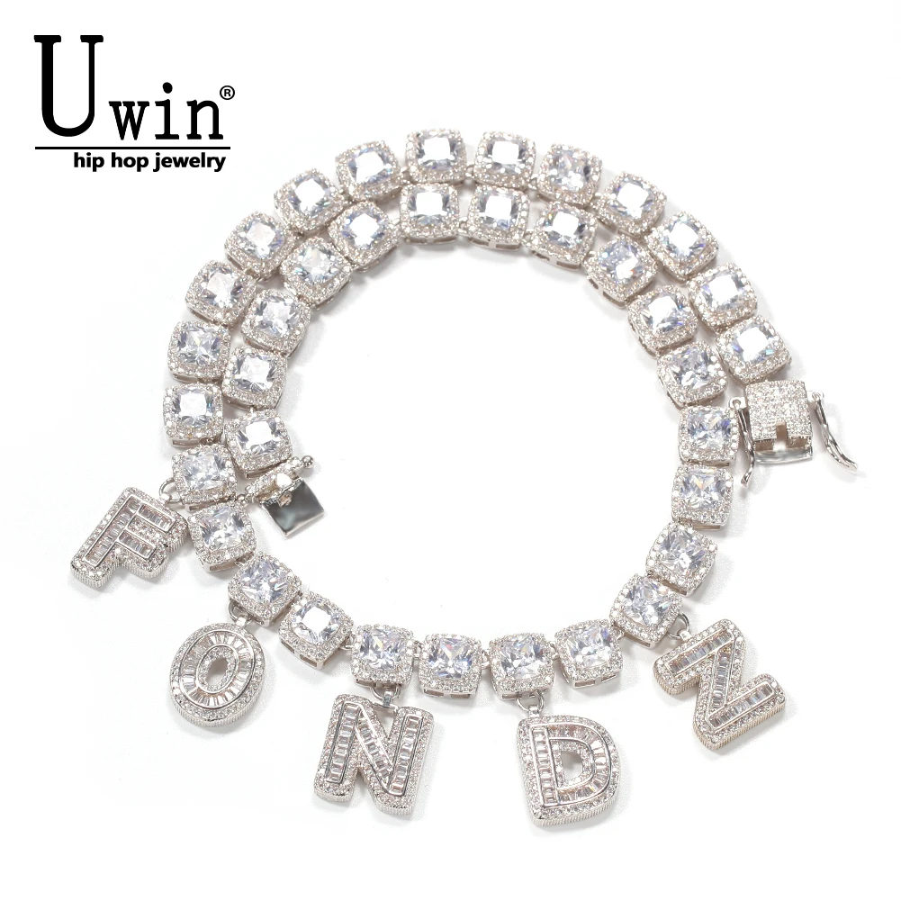 Uwin 10mm Square Cubic Zirconia Name Necklace DIY Custom Letters  Link Choker Luxury Micro Paved Personalised Gift Drop Shipping