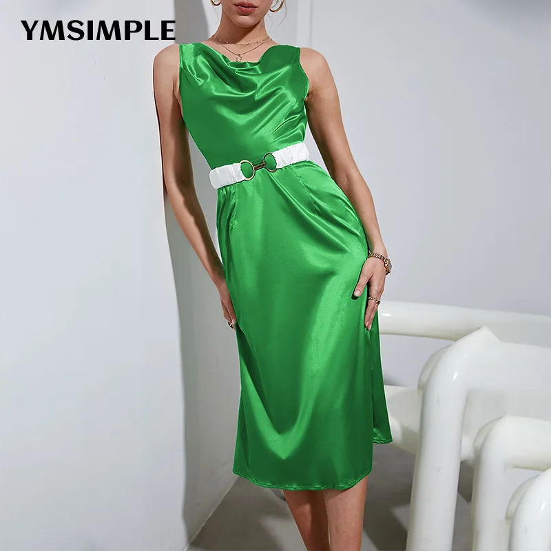 

Женское вечернее платье миди без рукавов, однотонное зеленое платье с высокой талией и поясом, туники, коктейльные платья для вечеривечерни...