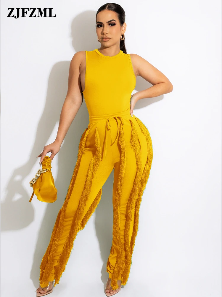 

Attractive Two Piece Set Tracksuits for Women Summer Crewneck Sleeveless Tank Tops and Drawstring Waist Tassels Trouser Outfits