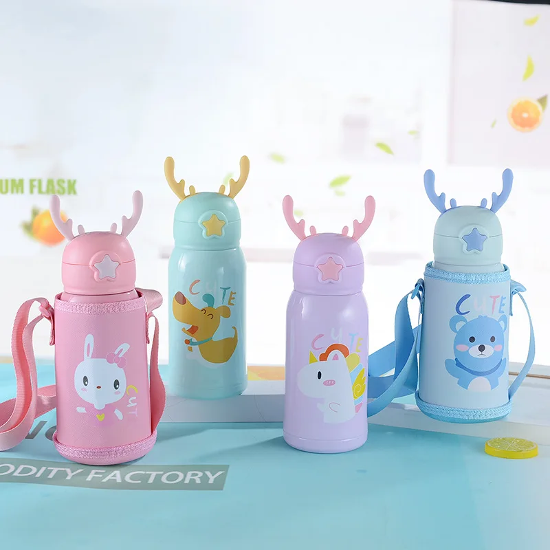New 316 Stainless Steel Antler Cup Student Water Cup Cartoon Children's Straw Thermos Cup Gift Cup With Cup Sleeve enlarge