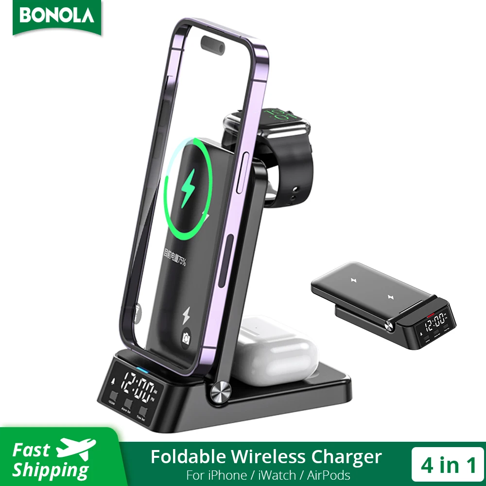 Alarm Clock Time Display 5 in 1 Wireless Charger Station for Apple Watch/AirPods Pro/iPhone 13/12/8/X 25W Phone Wireless Charger