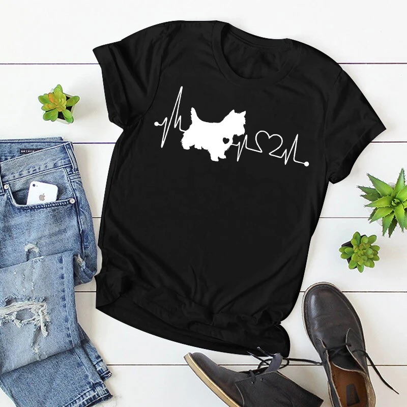 

Lovely Dog ECG Print Women T-shirt Harajuku Kawaii T Shirt Lady Fashion Black Clothing Graphic New TShirts female Tee Tops 2022
