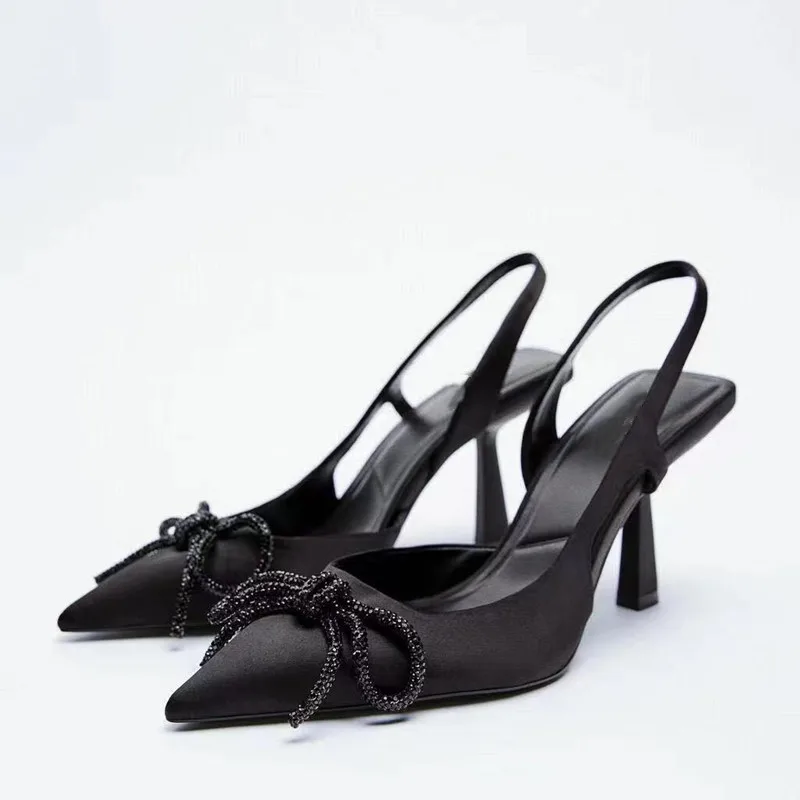 

New Women's Shoes WSL TRAF ZA 2022 Black Bright Ribbon Bow Knot High-heeled Muller Shoes Shallow Mouth Stiletto Sandals Women