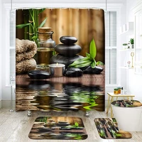 4pcs shower curtain set zen stones candle water bamboo green with non slip rugs toilet lid cover bath mats bathroom decor sets