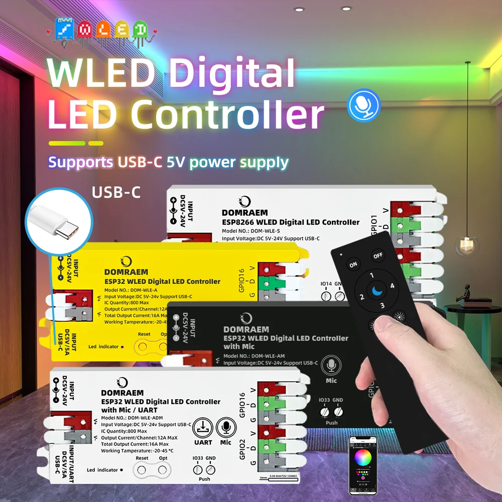 Фото Цифровой светодиодный контроллер DOMRAEM ESP8266/ESP32 USB-C WLED |   WS2814/12B/05/APA102 RGB IC-полоски |   Предохранитель 16А ~ 0,5 Вт в режиме ожидания | Микрофон и УАРТ №1