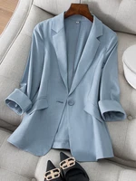 2022 summer korean style new linen womens jacket blazer fashion casual slim temperament ladies suit coat all match jacket