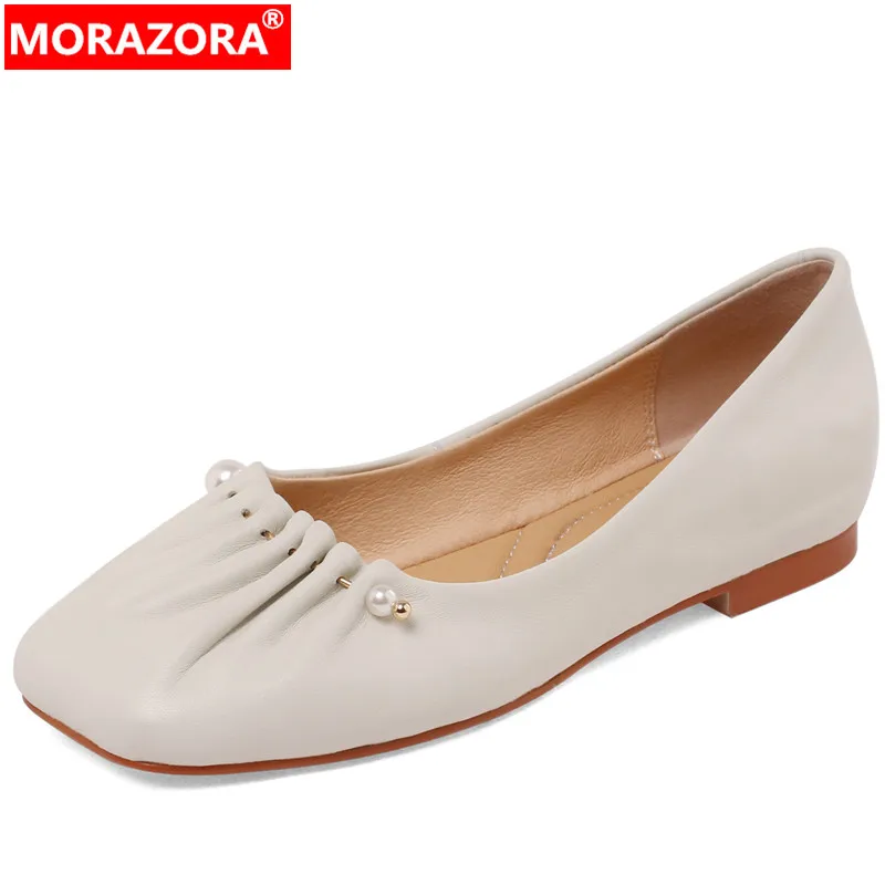 

MORAZORA 2022 New Arrive Shallow Square Low Heels Dress Shoes String Bead Sheepskin Shoes Woman Ladies Fashion Slip On Pumps
