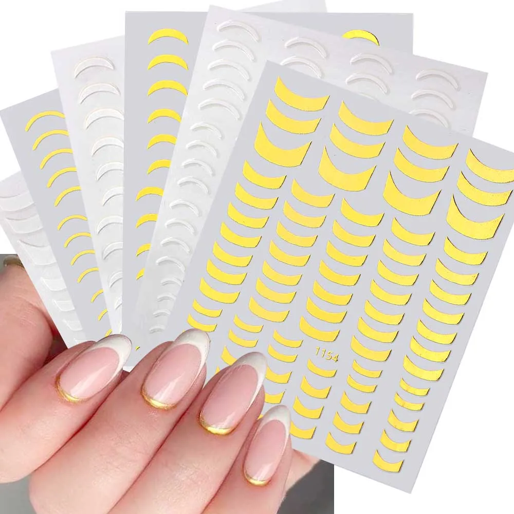 

Gold White French Tip Nail Stickers Metallic Curve Stripe Lines Self-Adhesive Nail Decals Nail Accessories Nail Art Decorations