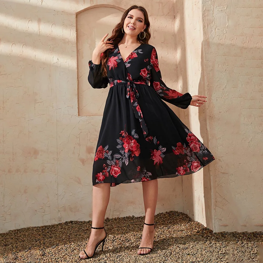 2022 New Spring And Summer Plus Size Floral Black Print V Neck Midi Belted Dress Women Spring Fall Long Sleeve A-Line XL-3XL 4XL