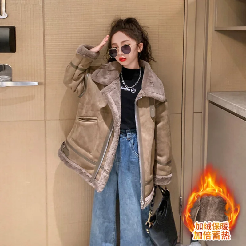

Autumn Winter New Fashion Coat for Girls Thick Warm Fur One-piece Tops Children's Clothing for Teens Lapel Cotton Jacket 4-14 Y