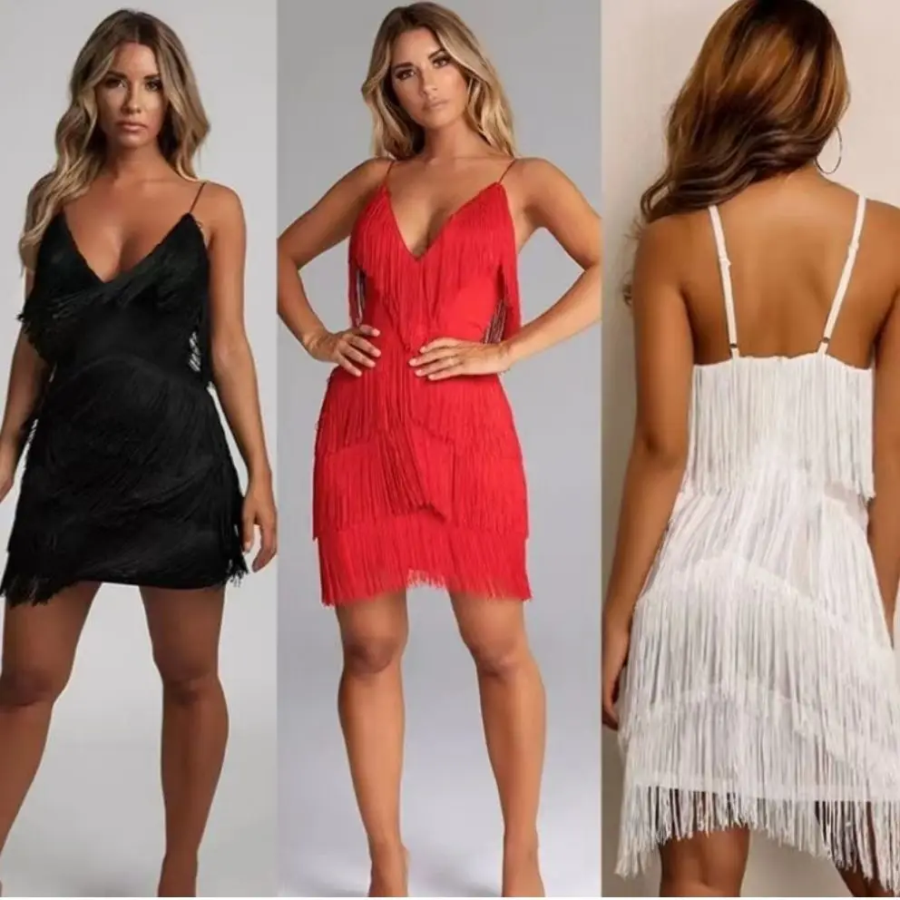 

Sexy Sling Deep V-Neck Backless Patchwork Bodycon Dress Latin dance Costume Tassel Club Party Prom Mini Dress Vestidos